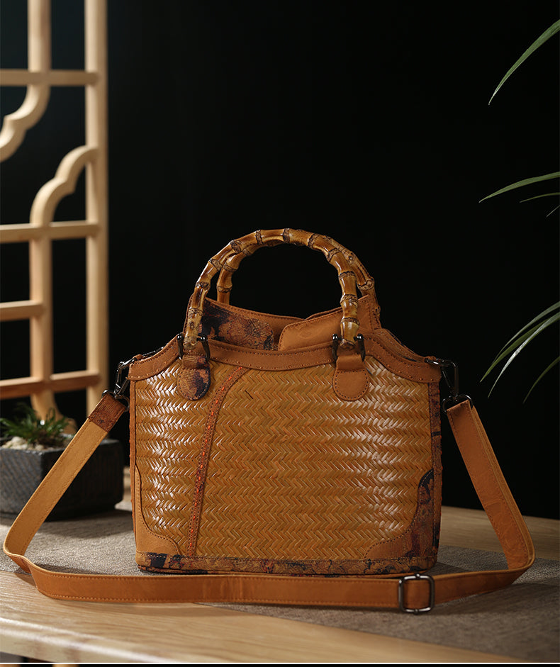 Handmade bamboo xiangyun yarn crossbody bag, bamboo handbag, artistic woven shoulder bag