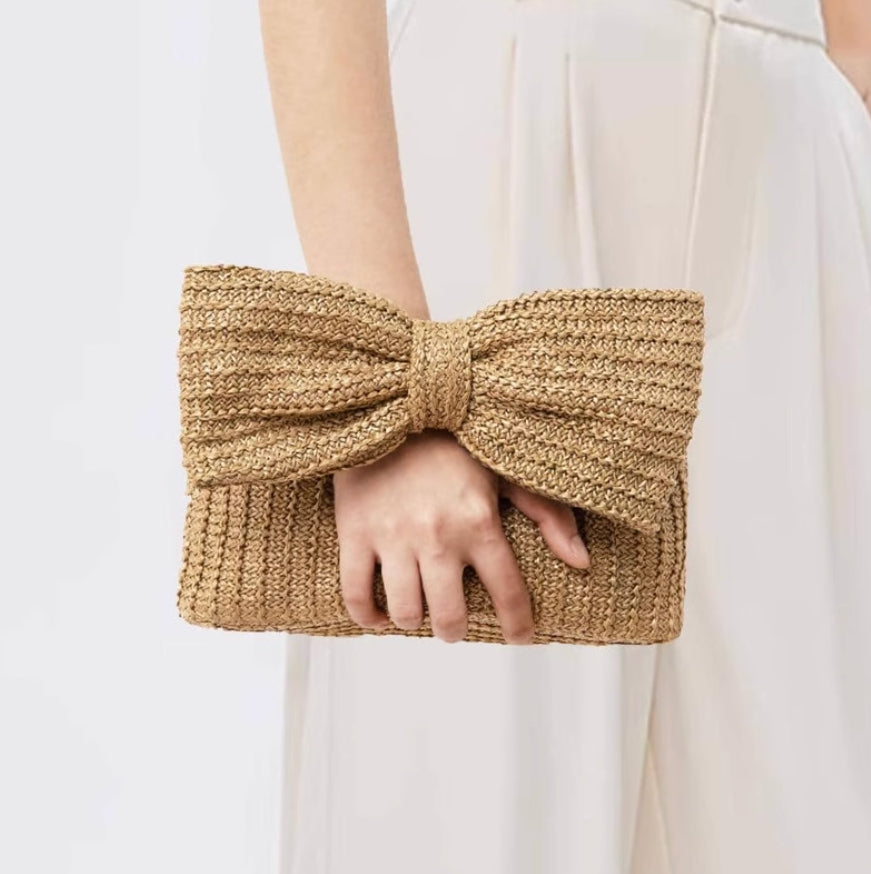 Handmade bow straw handbag, clutch bag for women