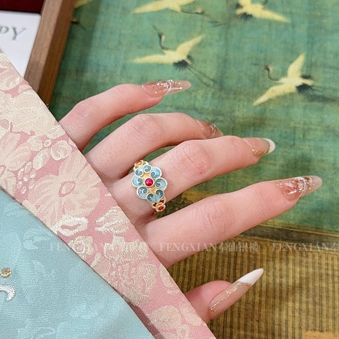 999.9 pure silver Ruyi auspicious cloud sterling silver ring, enamel gold-painted ring