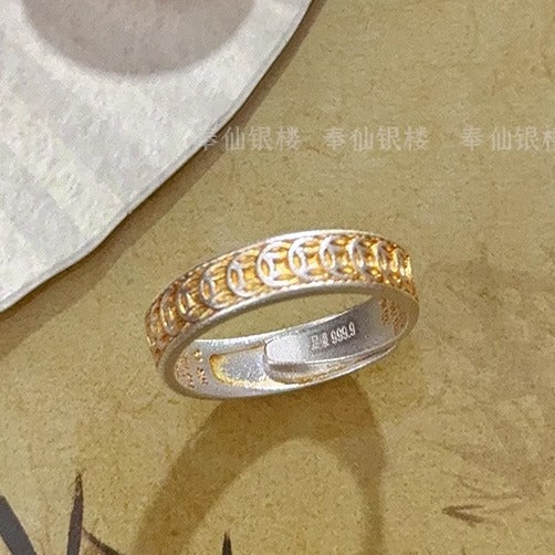 999.9 pure silver copper coin gold-painted silver ring, sterling silver fortune ring