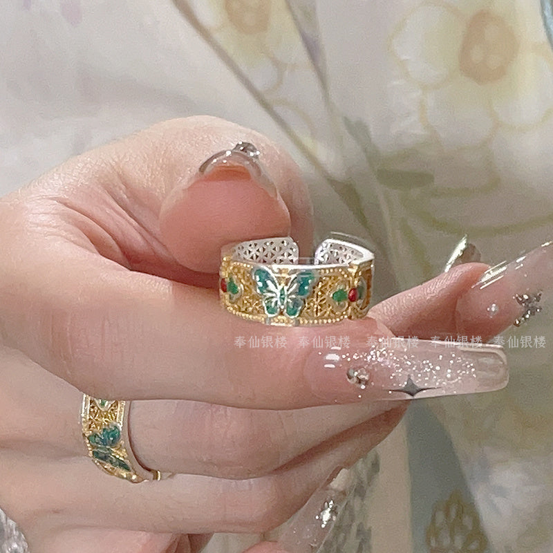 999.9 pure silver enamel and gold-painted butterfly sterling silver ring