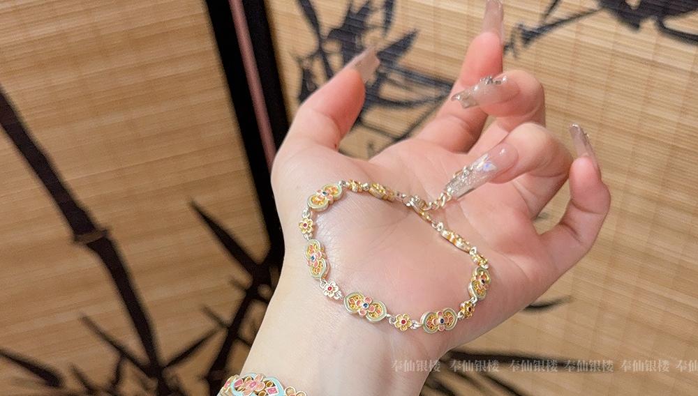 999.9 pure silver flower bracelet, enamel silver bracelet