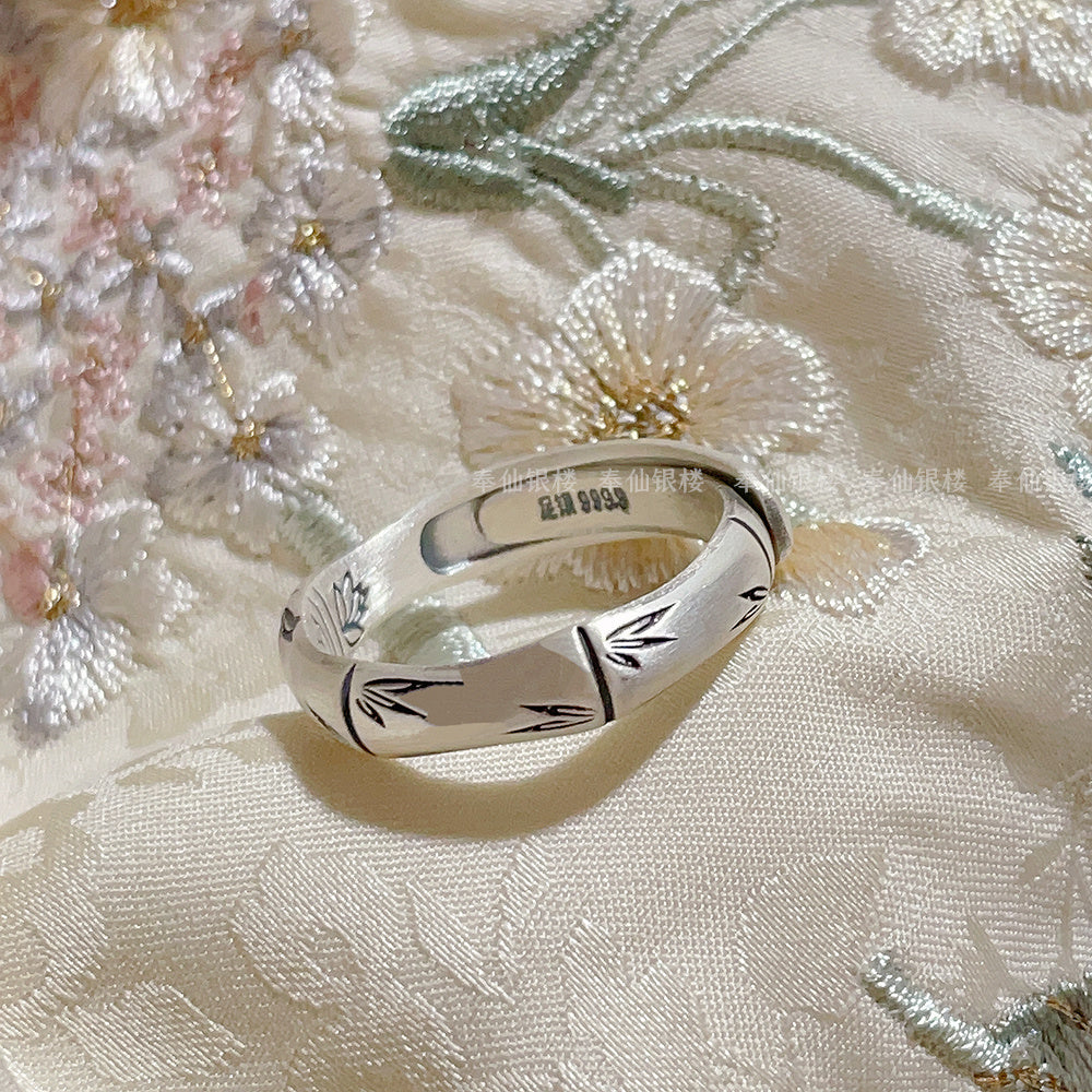 999.9 sterling silver bamboo ring, distressed high ring