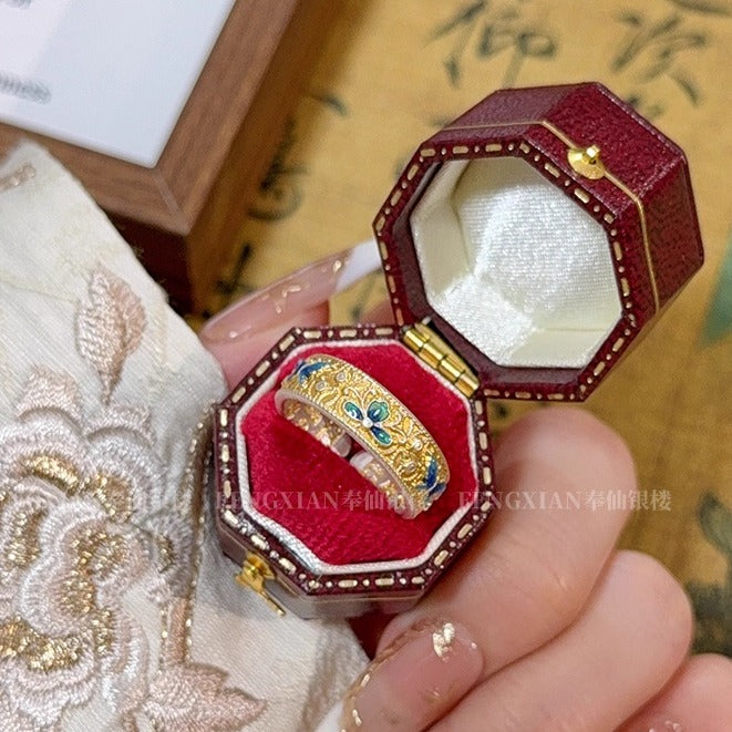 999.9 sterling silver ring for women, enamel and gold-painted auspicious bottom open ring