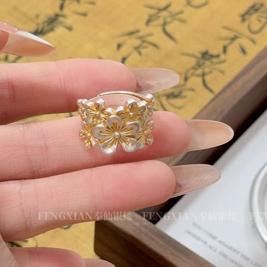 999.9 sterling silver ring with full flower pattern for women