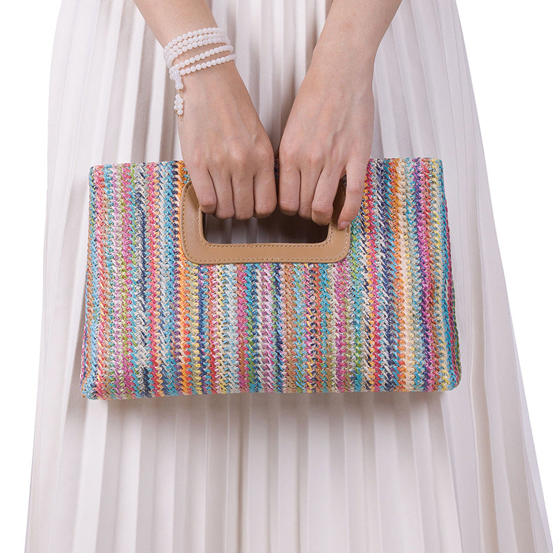 Hand-woven straw clutch, detachable chain crossbody bag