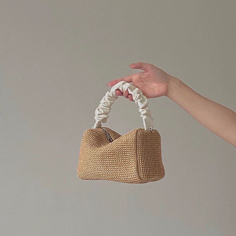 Hand-woven straw pleated contrasting color square handbag and crossbody bag