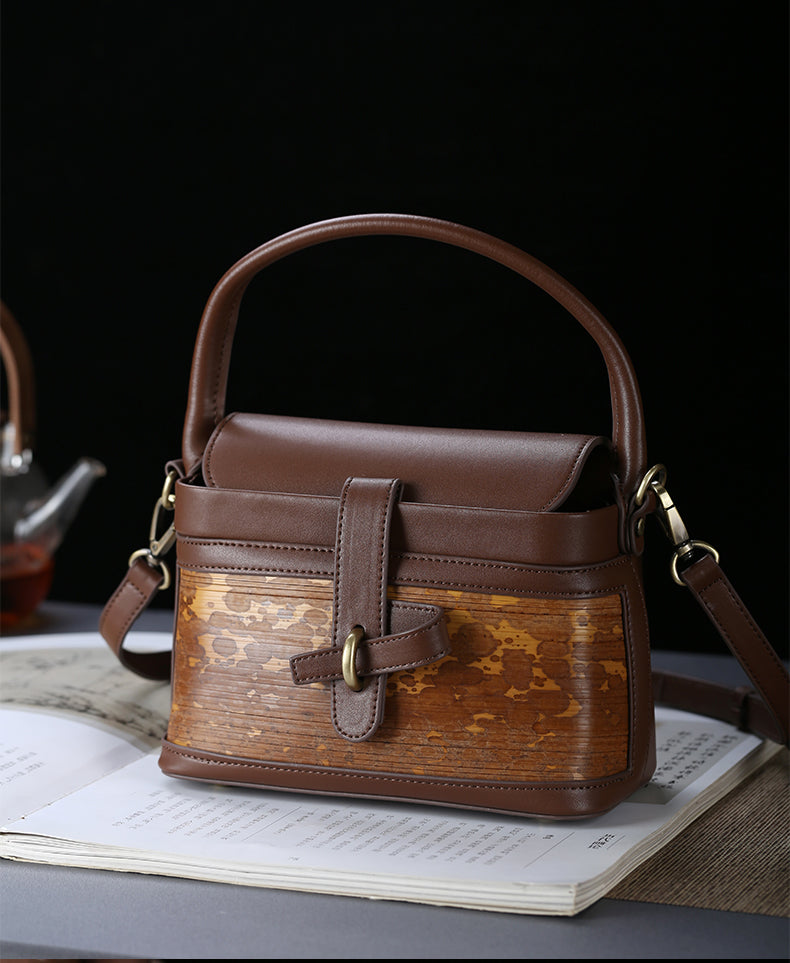 Handmade Meifei bamboo square cowhide, single-handle, crossbody bamboo bag
