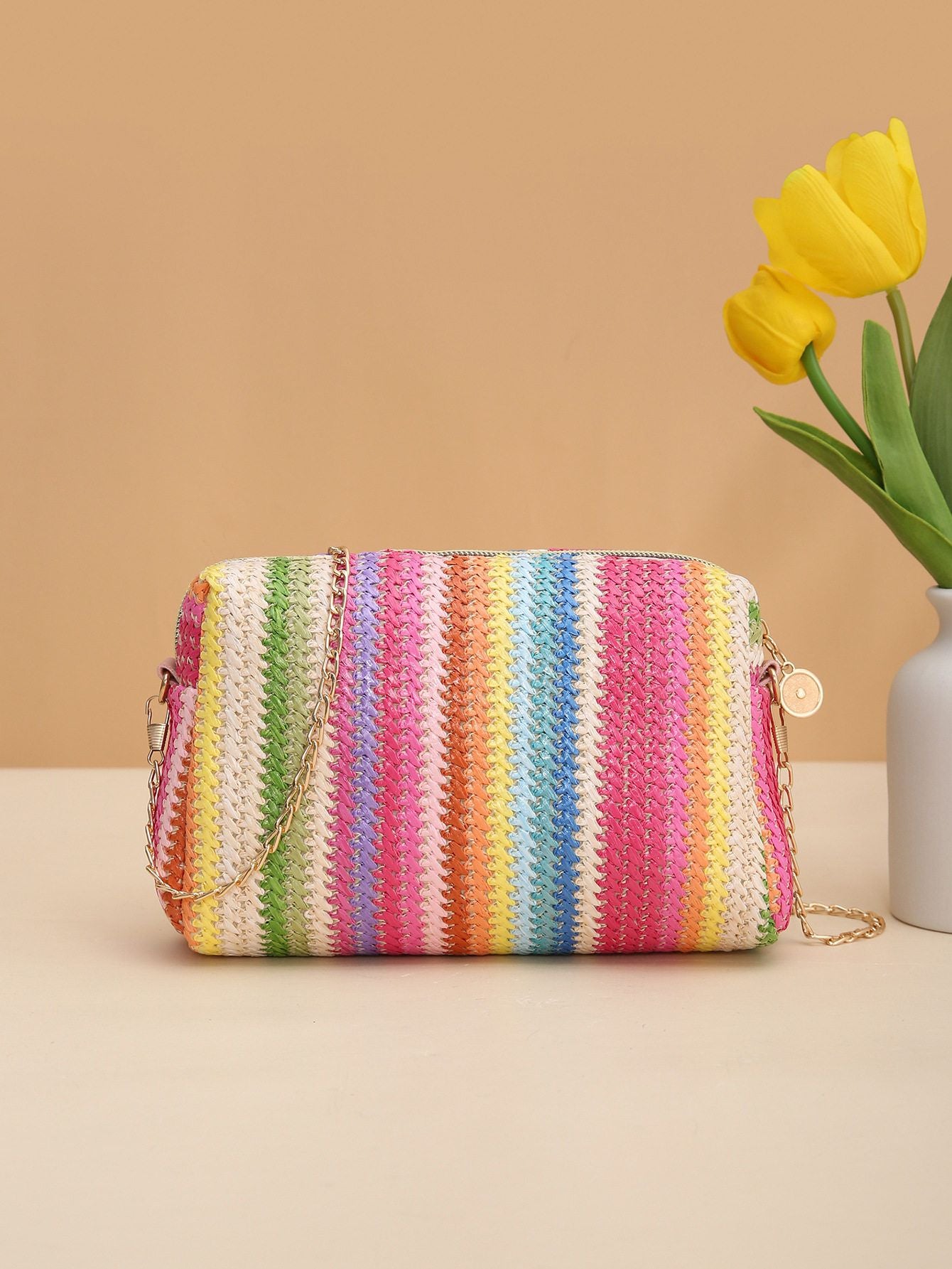 Handmade colorful straw bags, woven camera bags, shoulder bags, rainbow bags