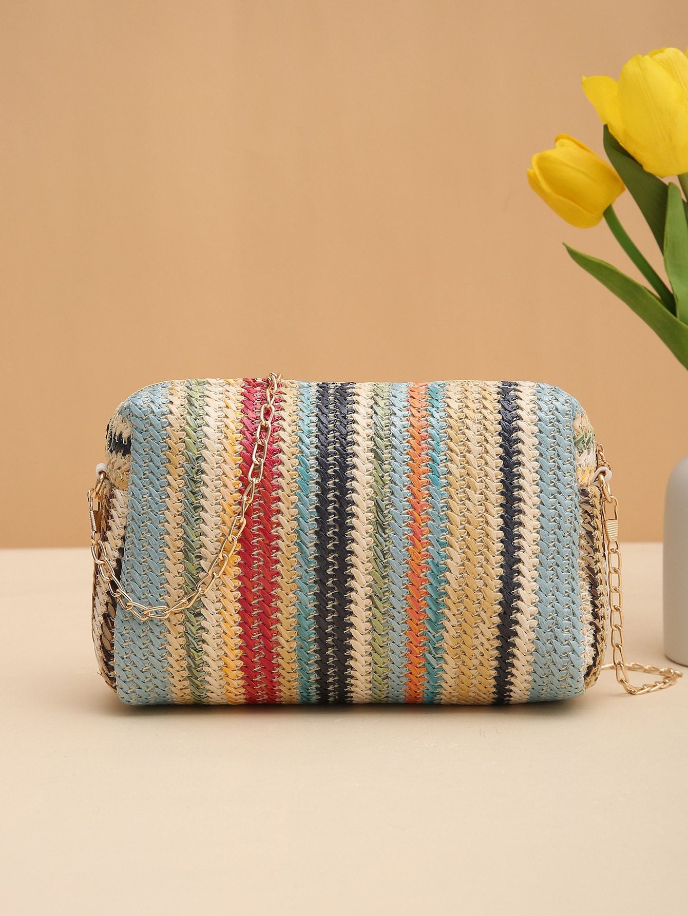 Handmade colorful straw bags, woven camera bags, shoulder bags, rainbow bags