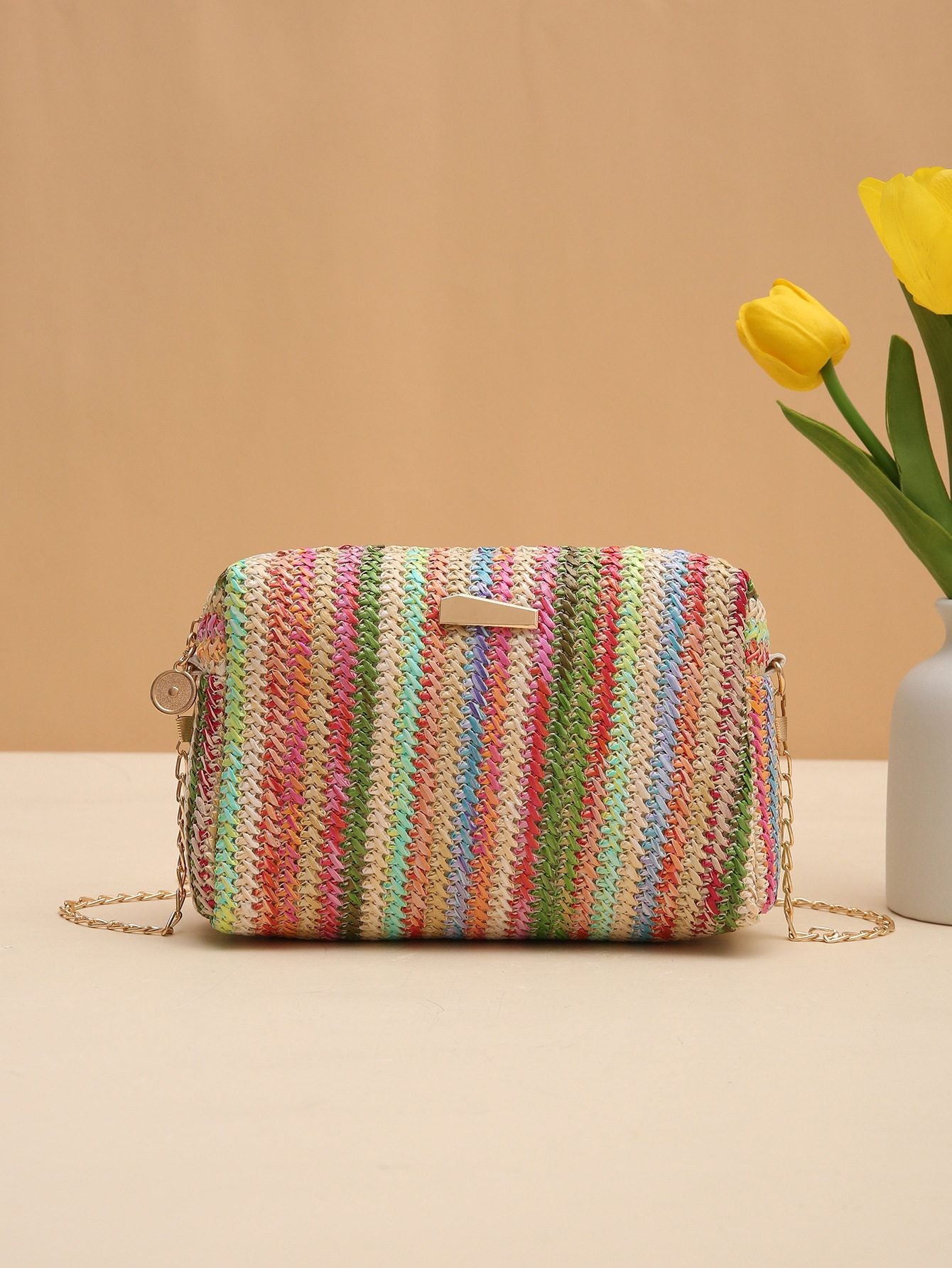 Handmade colorful straw bags, woven camera bags, shoulder bags, rainbow bags