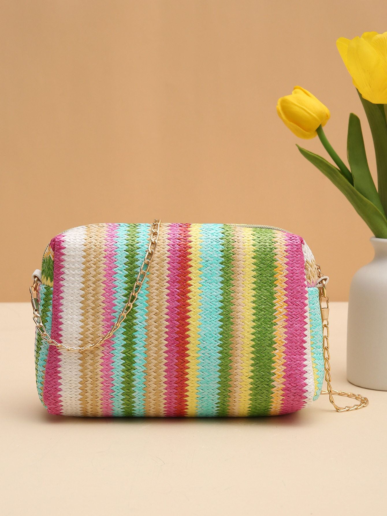 Handmade colorful straw bags, woven camera bags, shoulder bags, rainbow bags