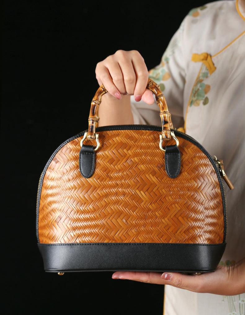 Handmade bamboo woven bags, cowhide messenger bags, handbags, artistic woven women's bags