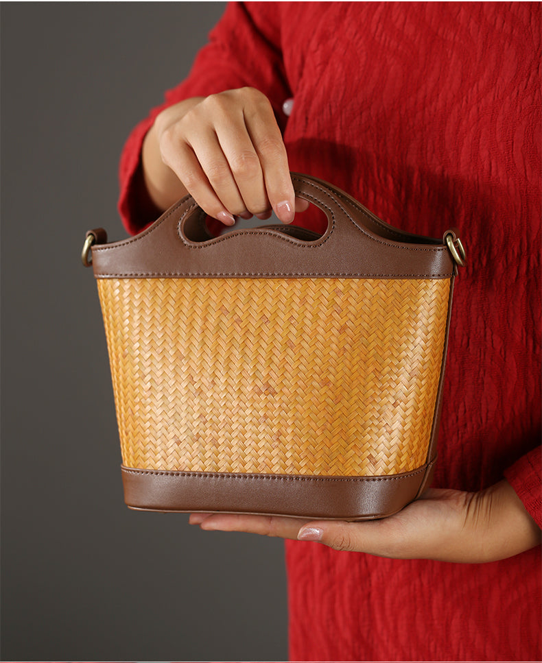 Handmade bamboo woven handbags, cowhide woven women's bags
