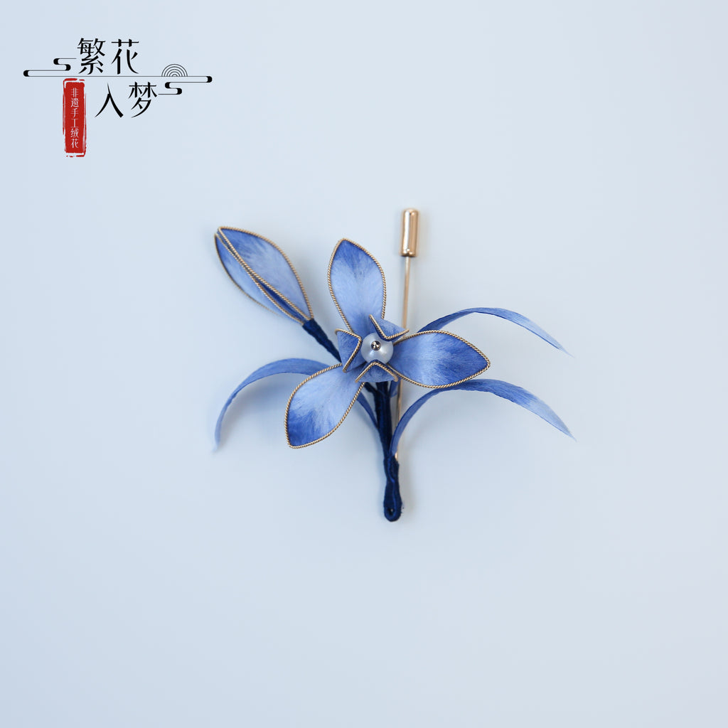 Intangible cultural heritage velvet flowers, pure handmade blue orchid brooches and hairpins