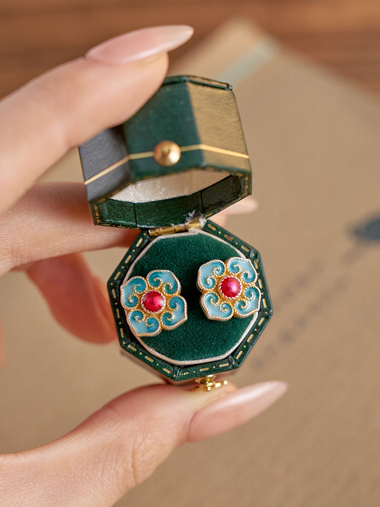 999.9 sterling silver earrings, gold-painted enamel earrings