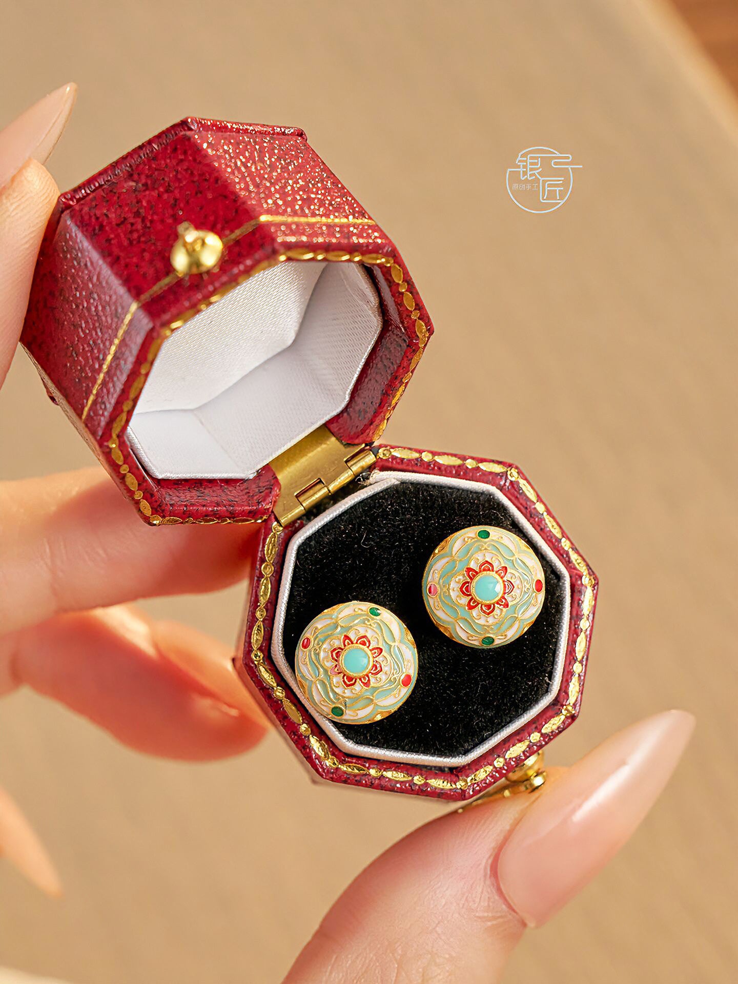 999.9 sterling silver earrings, gold-painted enamel earrings