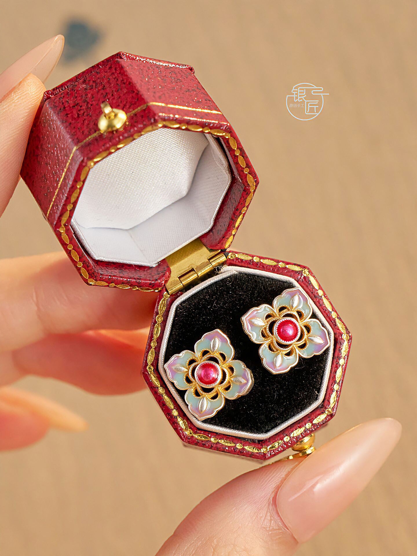 999.9 sterling silver earrings, gold-painted enamel earrings