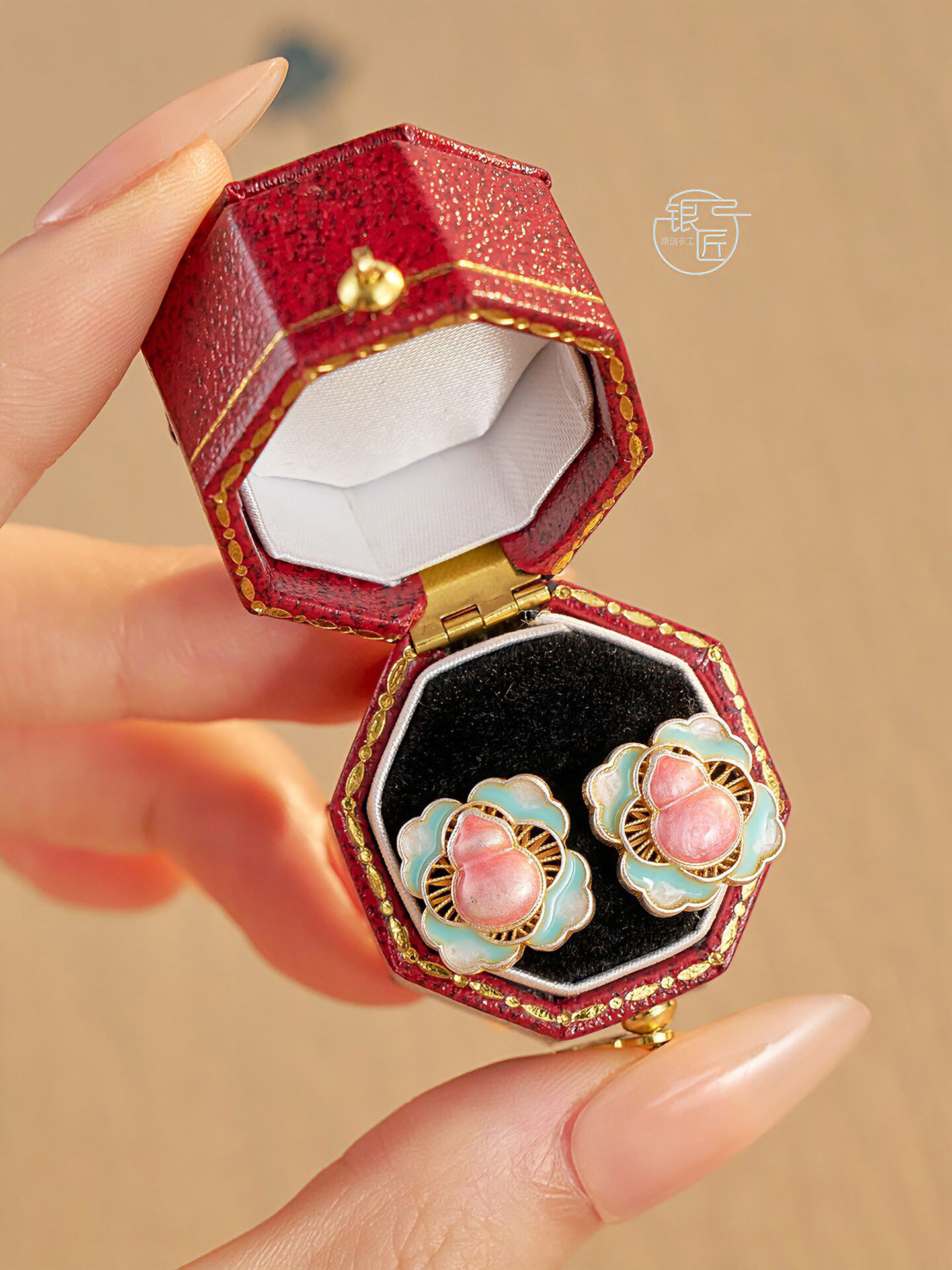 999.9 sterling silver earrings, gold-painted enamel earrings