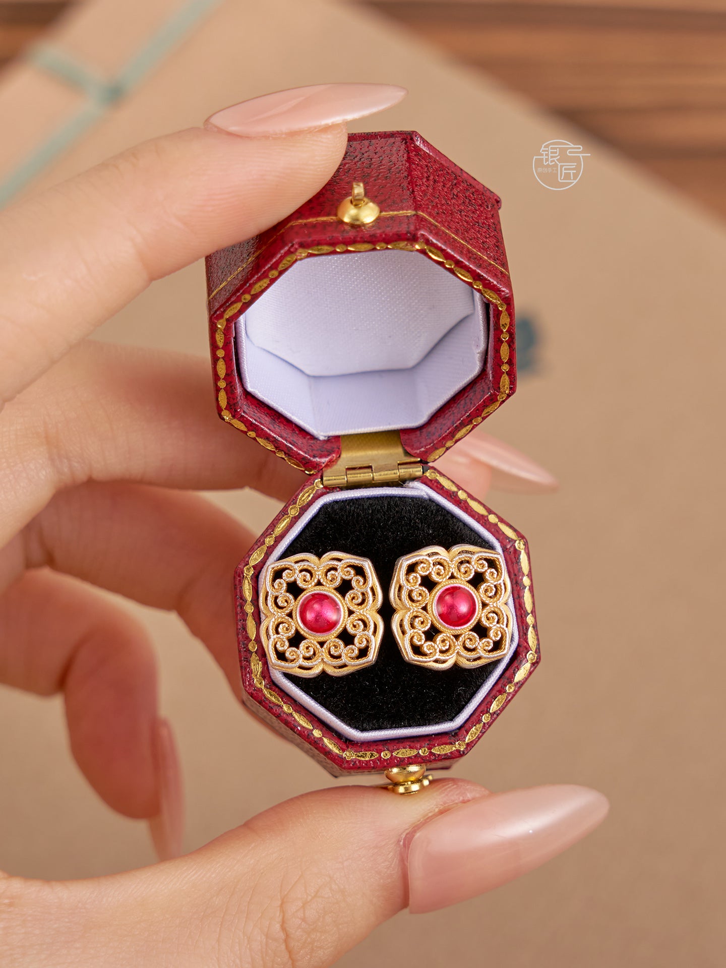 999.9 sterling silver earrings, gold-painted enamel earrings
