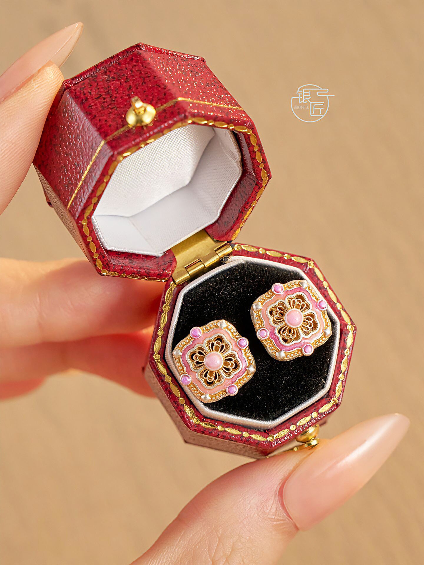 999.9 sterling silver earrings, gold-painted enamel earrings