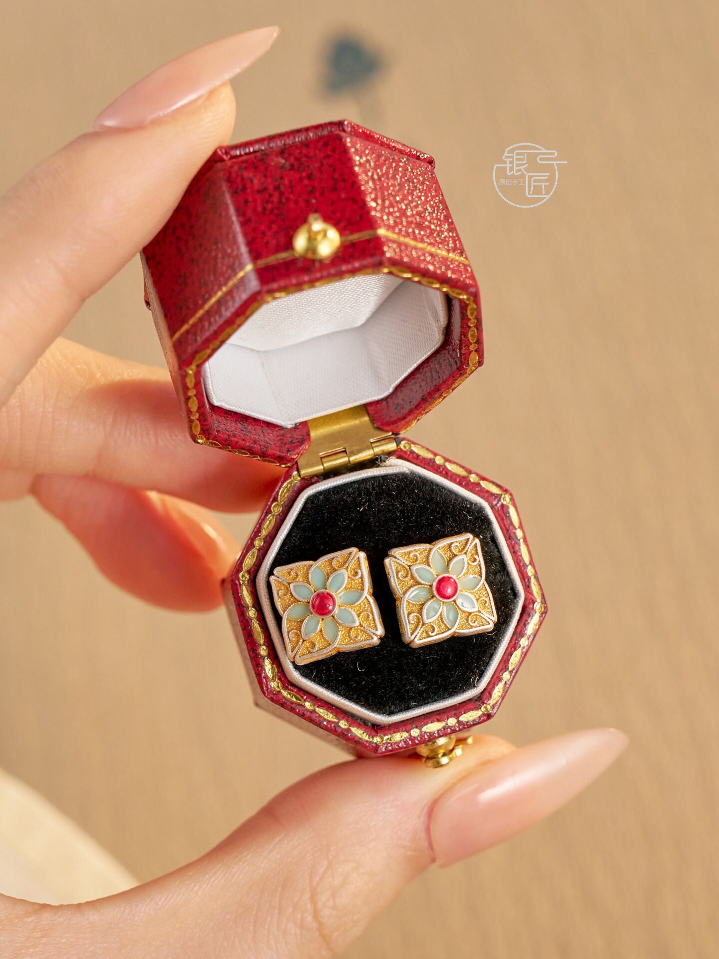 999.9 sterling silver earrings, gold-painted enamel earrings
