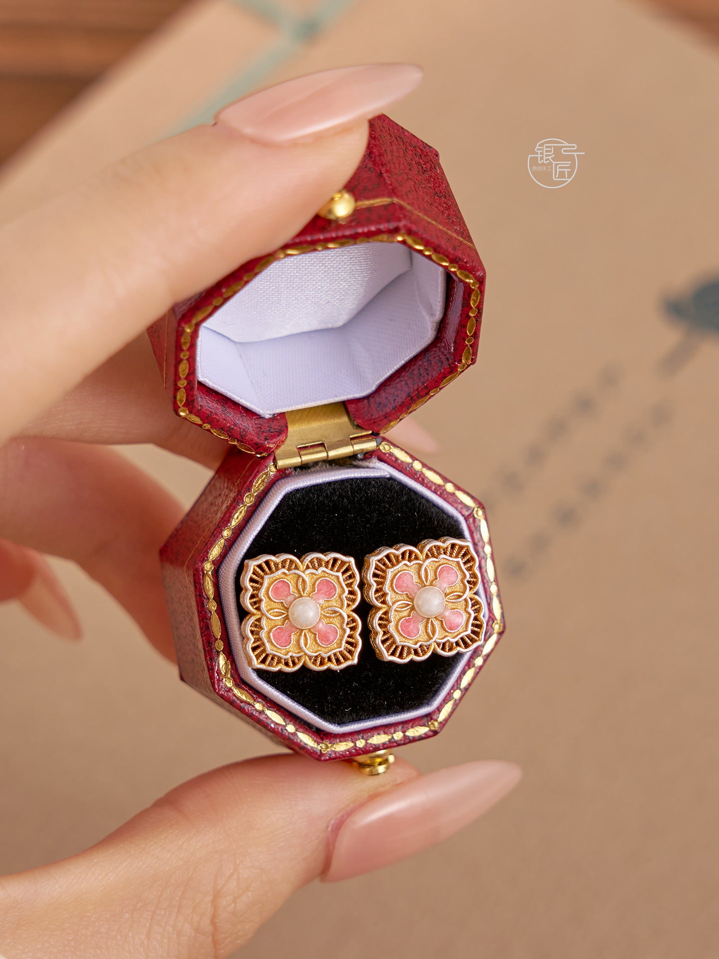 999.9 sterling silver earrings, gold-painted enamel earrings