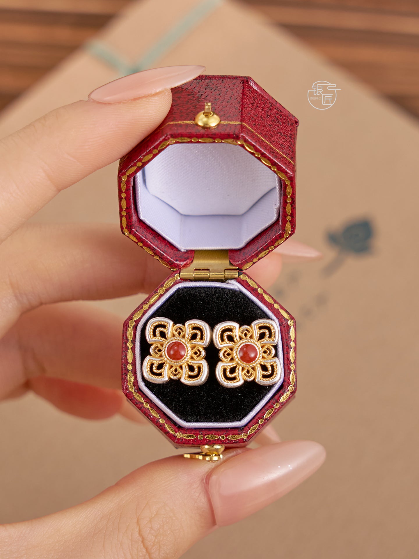 999.9 sterling silver earrings, gold-painted enamel earrings