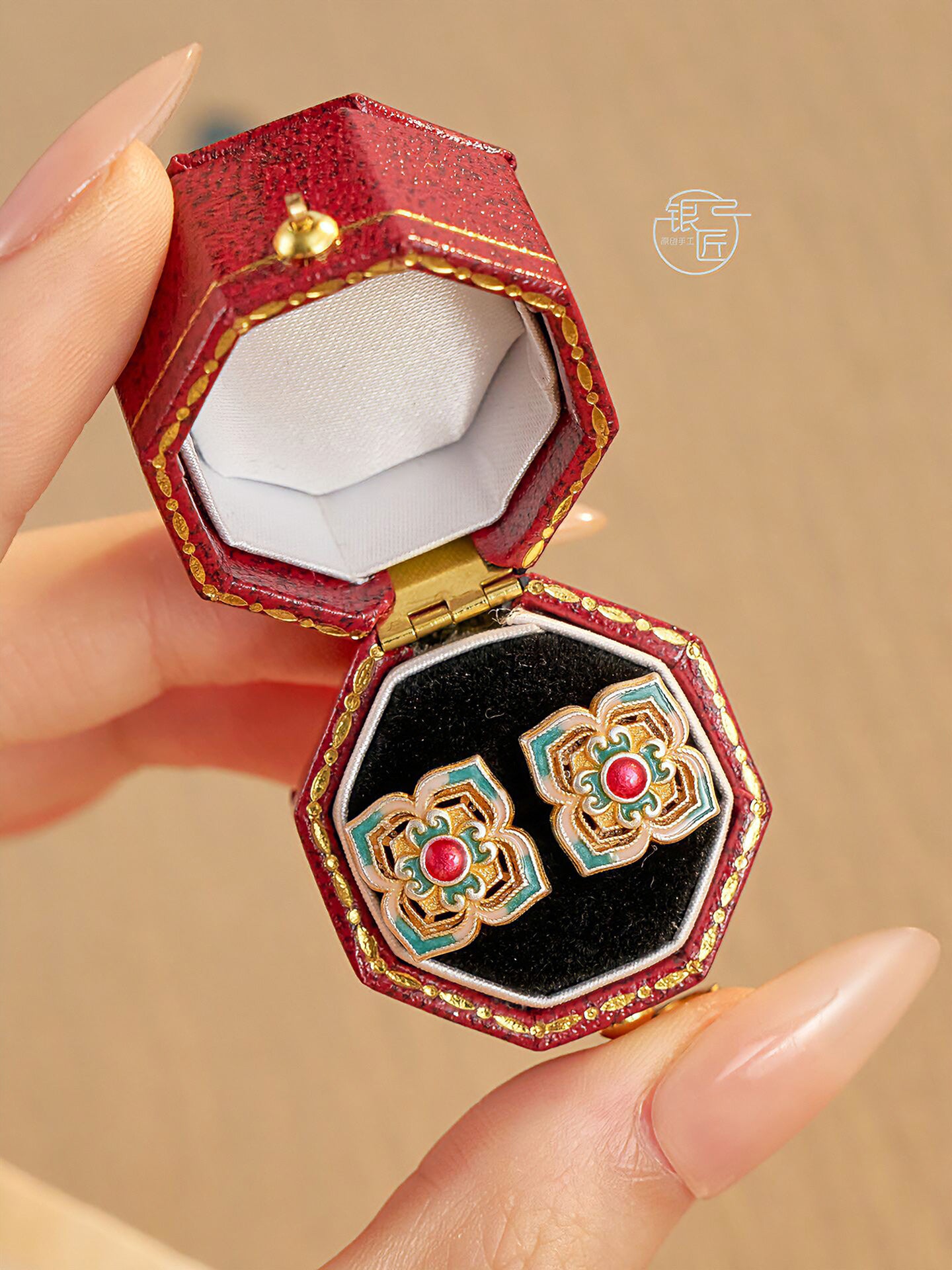 999.9 sterling silver earrings, gold-painted enamel earrings