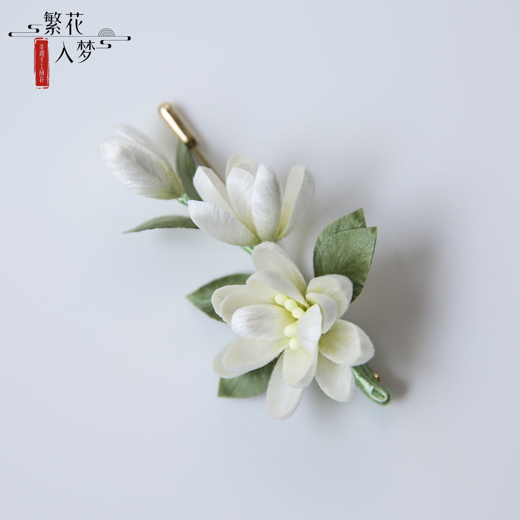 Intangible Cultural Heritage Velvet Flower, Pure Handmade Silk Jasmine Brooch
