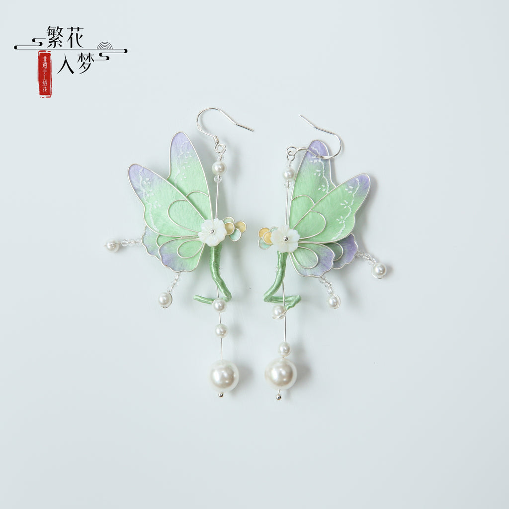 Intangible cultural heritage velvet flower, pure handmade filigree butterfly tassel earrings