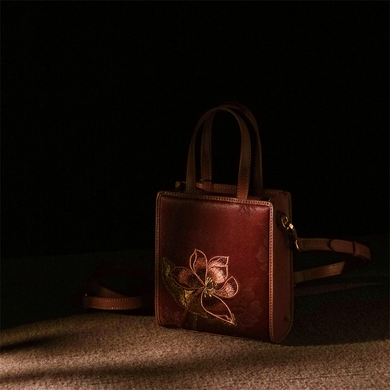Red cloud yarn embroidered handbag, lotus crossbody bag