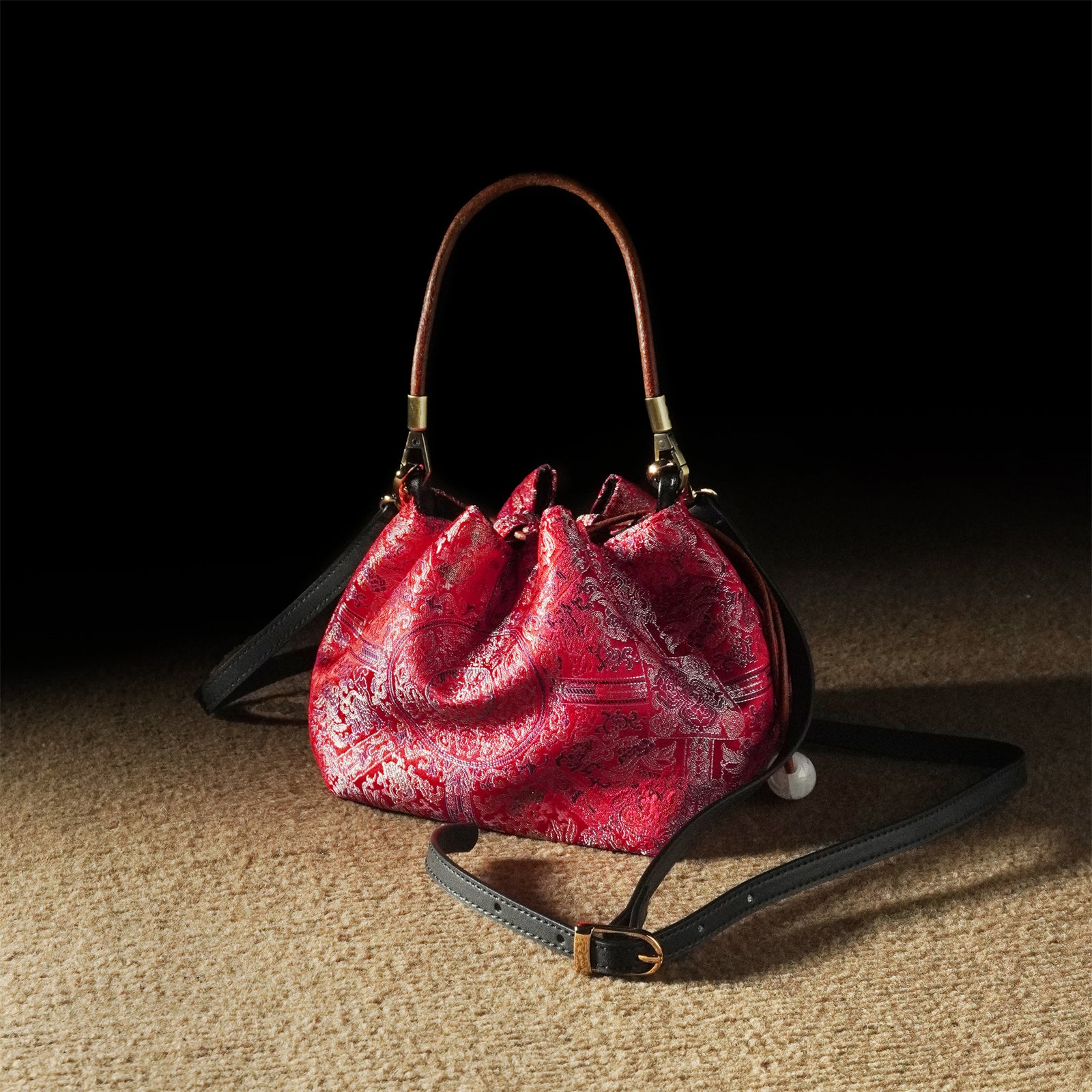 Mulberry silk Xiangyunsha drawstring shoulder and crossbody women's bag