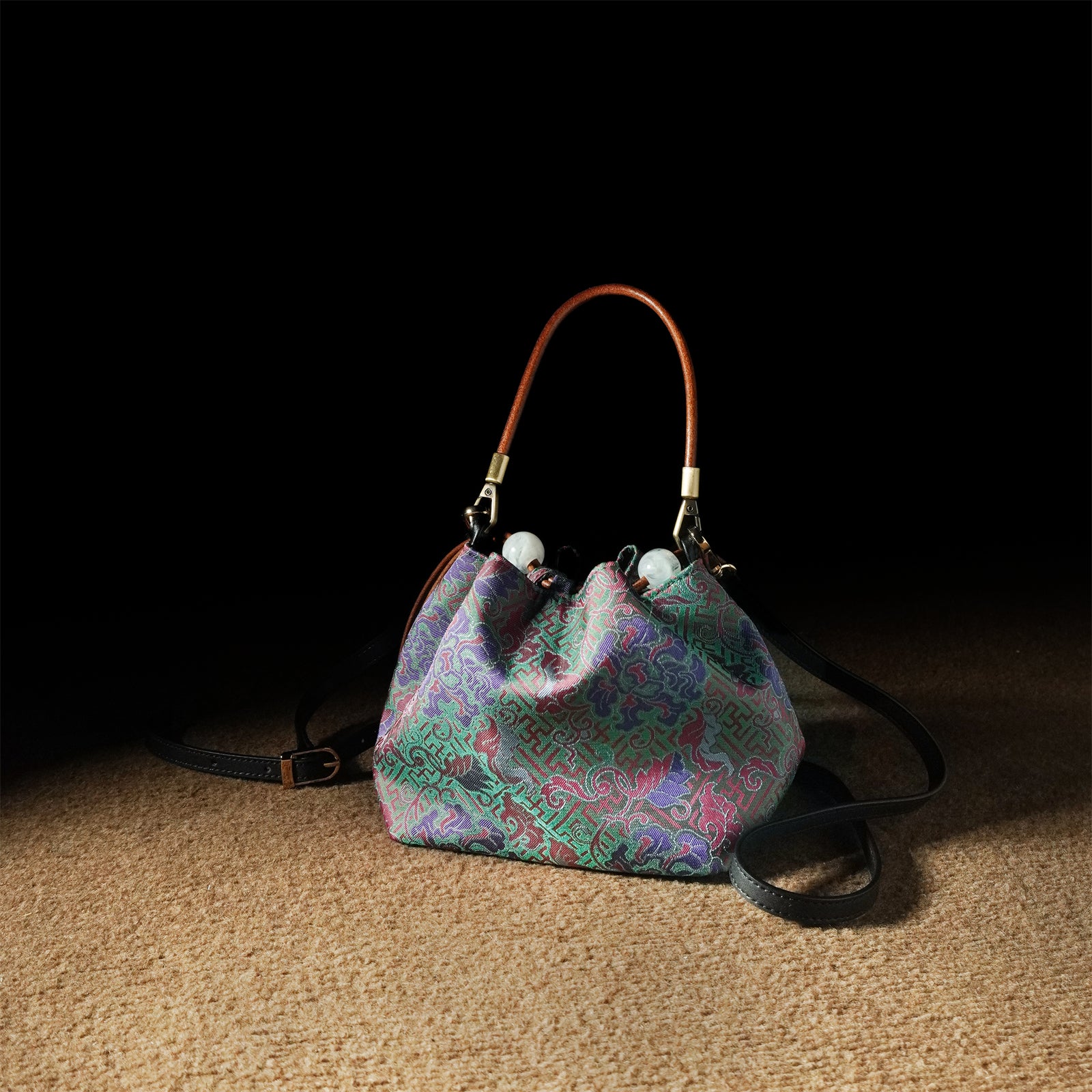 Mulberry silk Xiangyunsha drawstring shoulder and crossbody women's bag