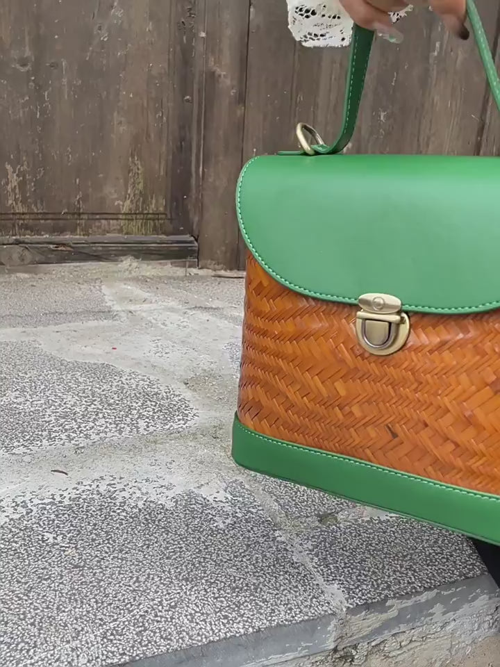 Bamboo wavy leather bag, bamboo woven cowhide bag