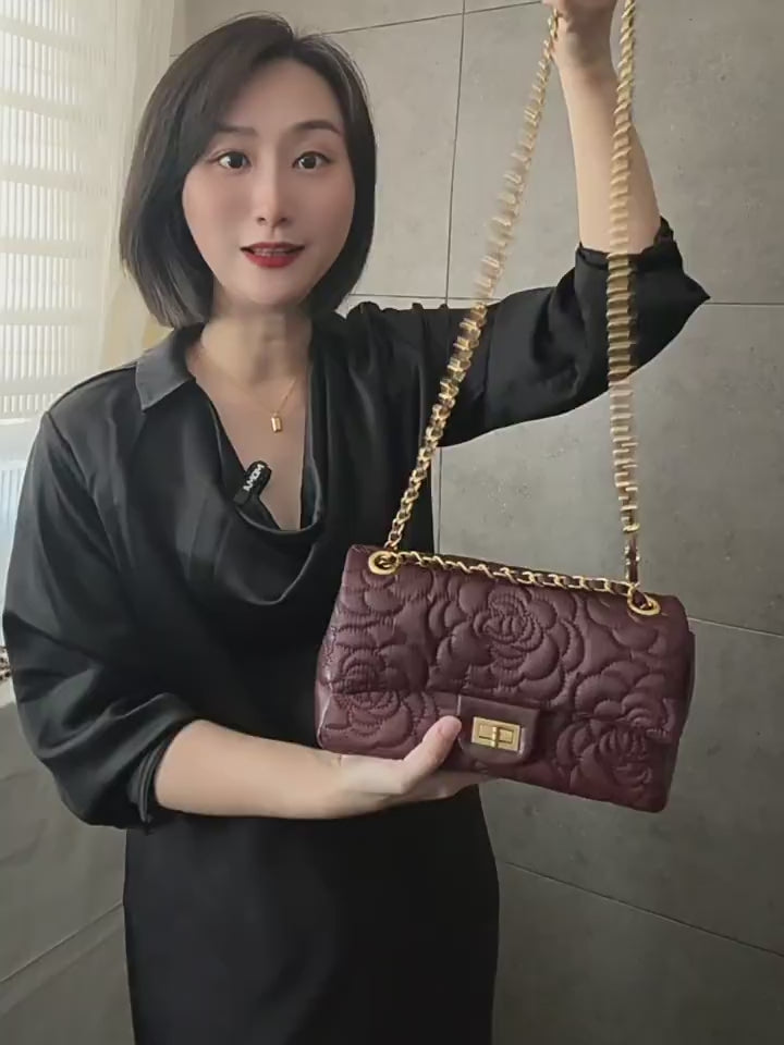 Red cloud yarn sheepskin shoulder bag, camellia commuter underarm bag