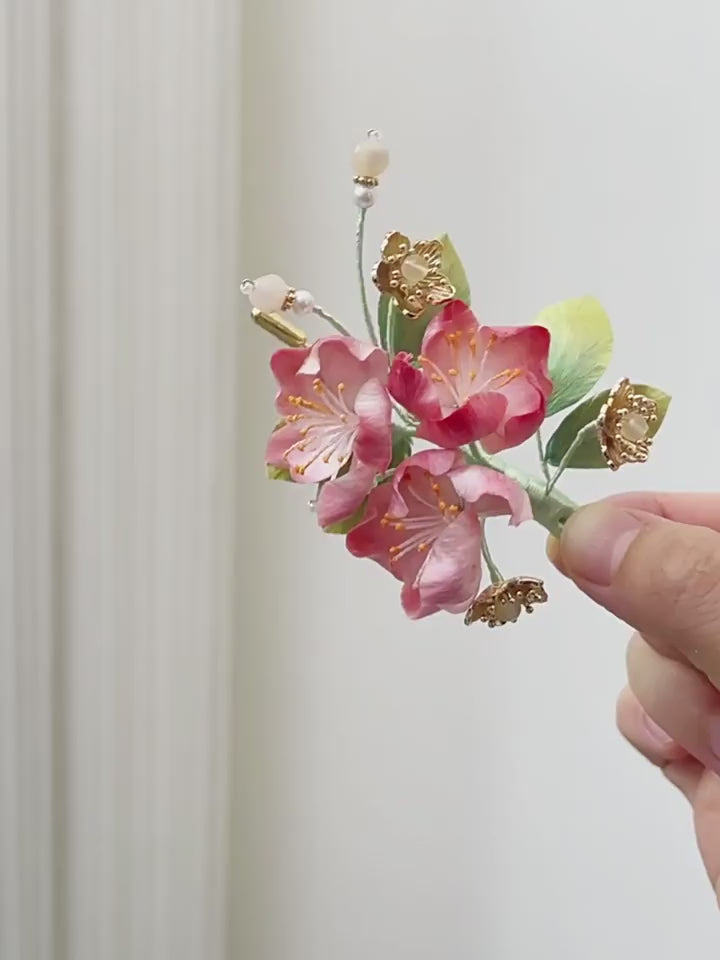 Intangible cultural heritage velvet flowers, pure handmade crabapple flower brooches, hairpins, hairpins