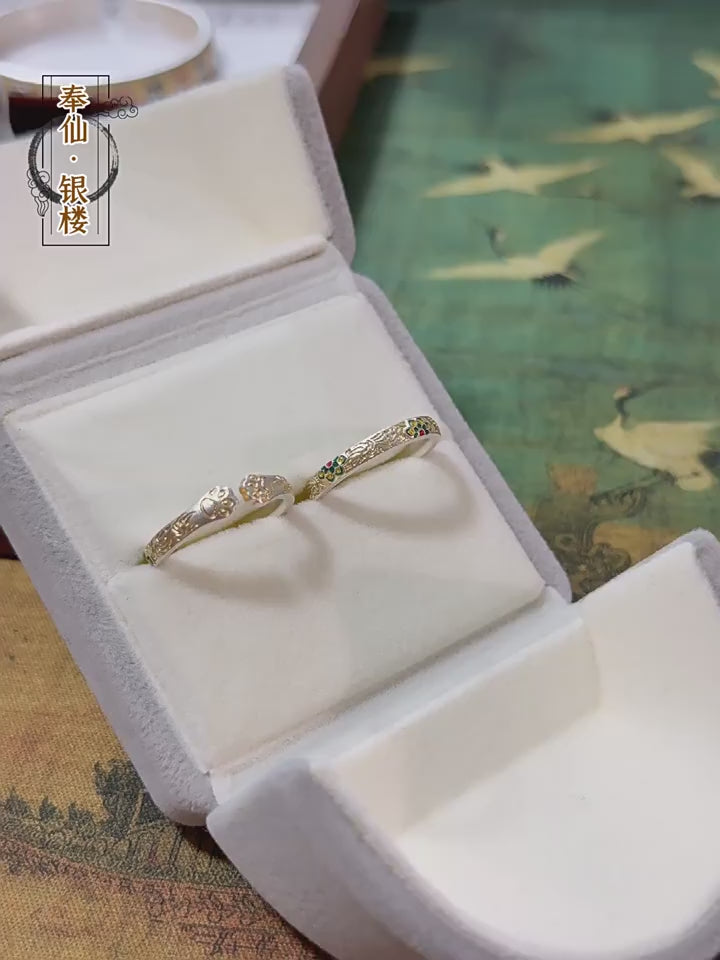 "Tangcao Pattern" Baoxiang Flower Cat Claw 999.9 Pure Silver Ring Enamel Gold Painting Ring New Chinese Style
