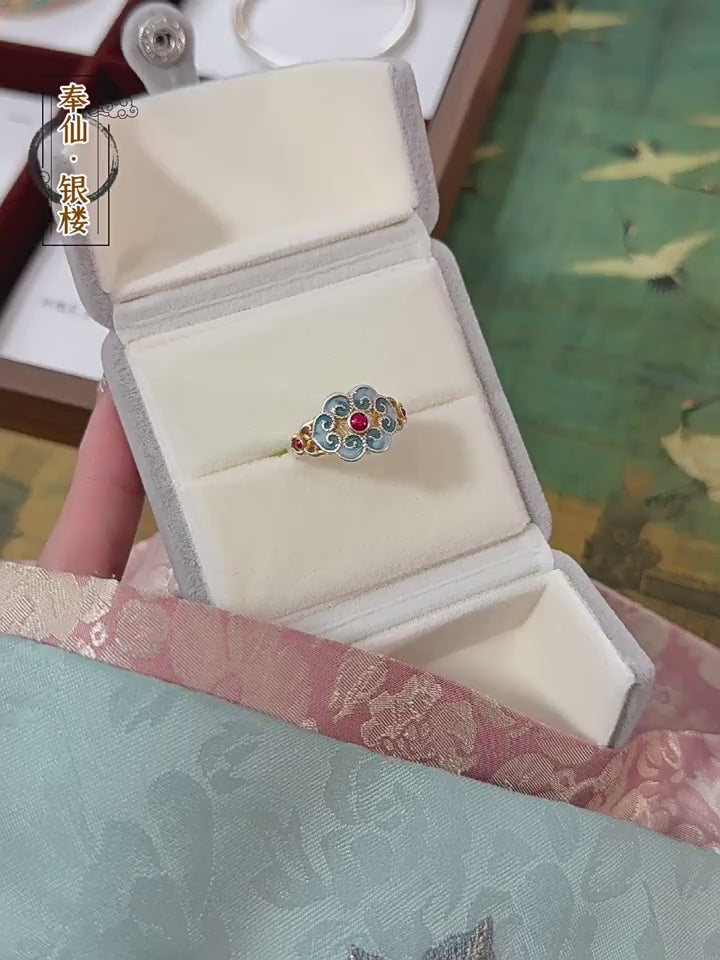 999.9 pure silver Ruyi auspicious cloud sterling silver ring, enamel gold-painted ring