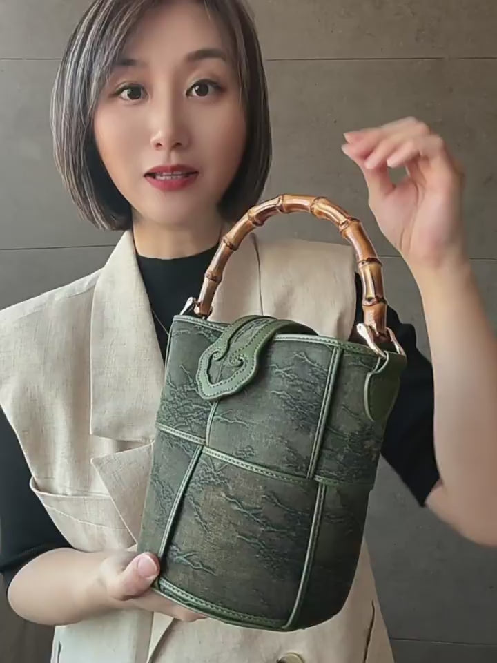 Xiangyunsha bucket bag, bamboo-knotted cowhide shoulder bag for women